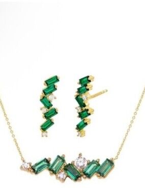 Adina Eden Gold Emerald-Accent Baguette Necklace and Stud Earrings